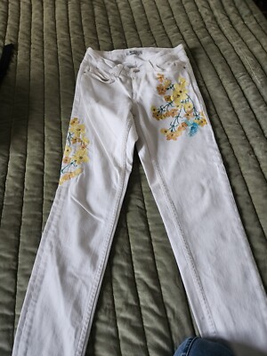 Zara Basic Z1975 Womens Floral Embroidered Skinny Leg  Denim Jeans White Size 02
