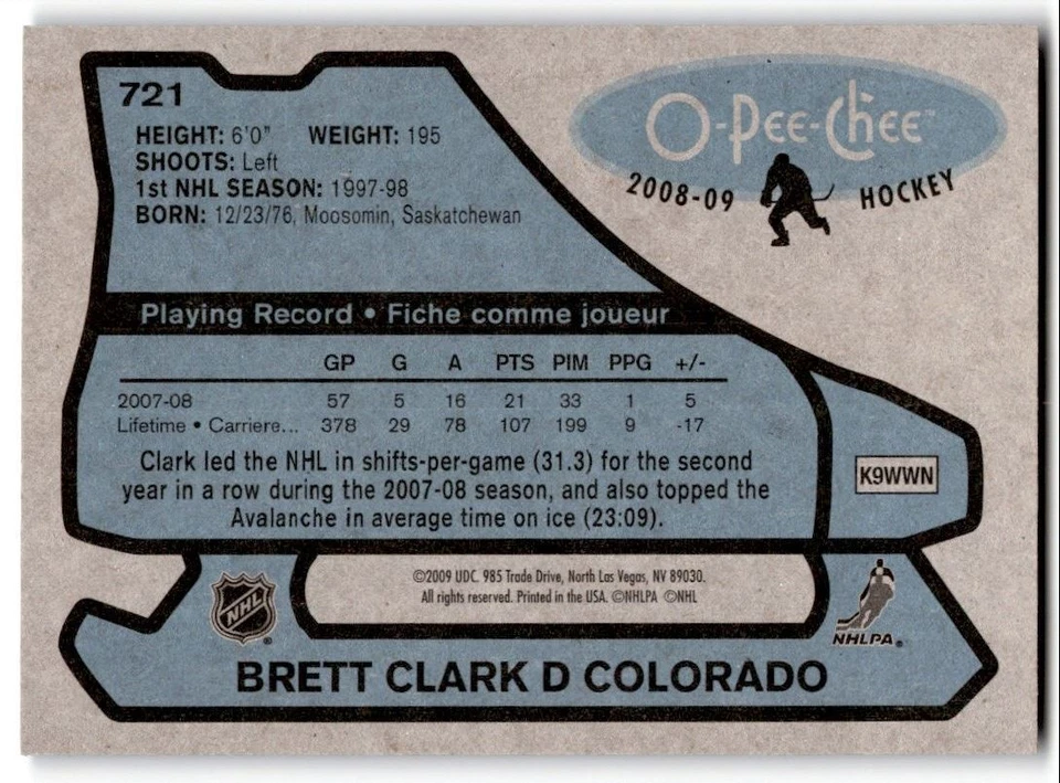 2008-09 O-Pee-Chee '79-80 Retro Brett Clark #721 Colorado Avalanche - Image 2 of 2