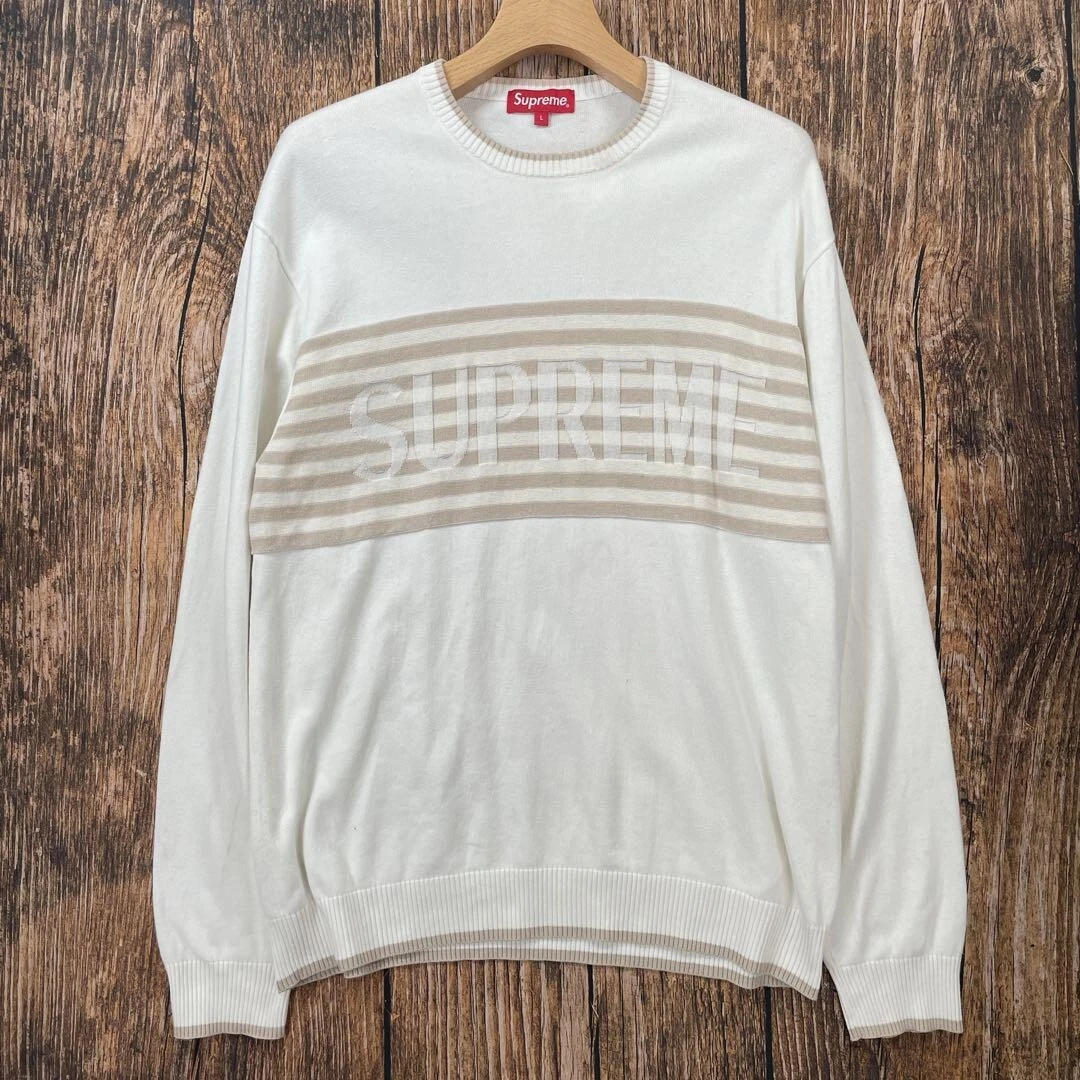 Pull rayé poitrine Supreme 20SS grand logo bordure ivoire L