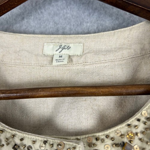 J. Jill Jacket Women Medium Ivory Linen Blend Beaded Sequin Collar Snap Button - Picture 8 of 13