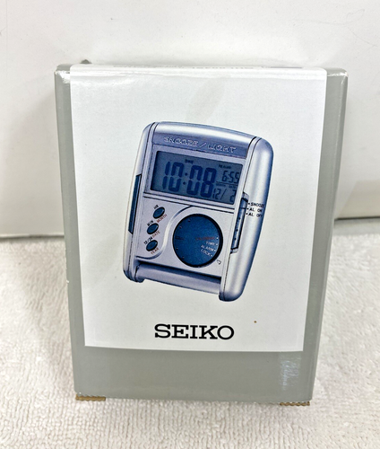 Vintage Digital Seiko Travel Alarm Clock QHL004SL (silver) & Box Papers NOS