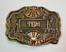 Vintage 1970s Oden Inc Personalized TOM Belt Buckle Brass Ornate Patina