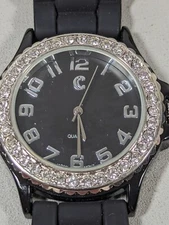 Charming Charlie Black Dial Crystal Accent Round Case Black Silicone Band Watch