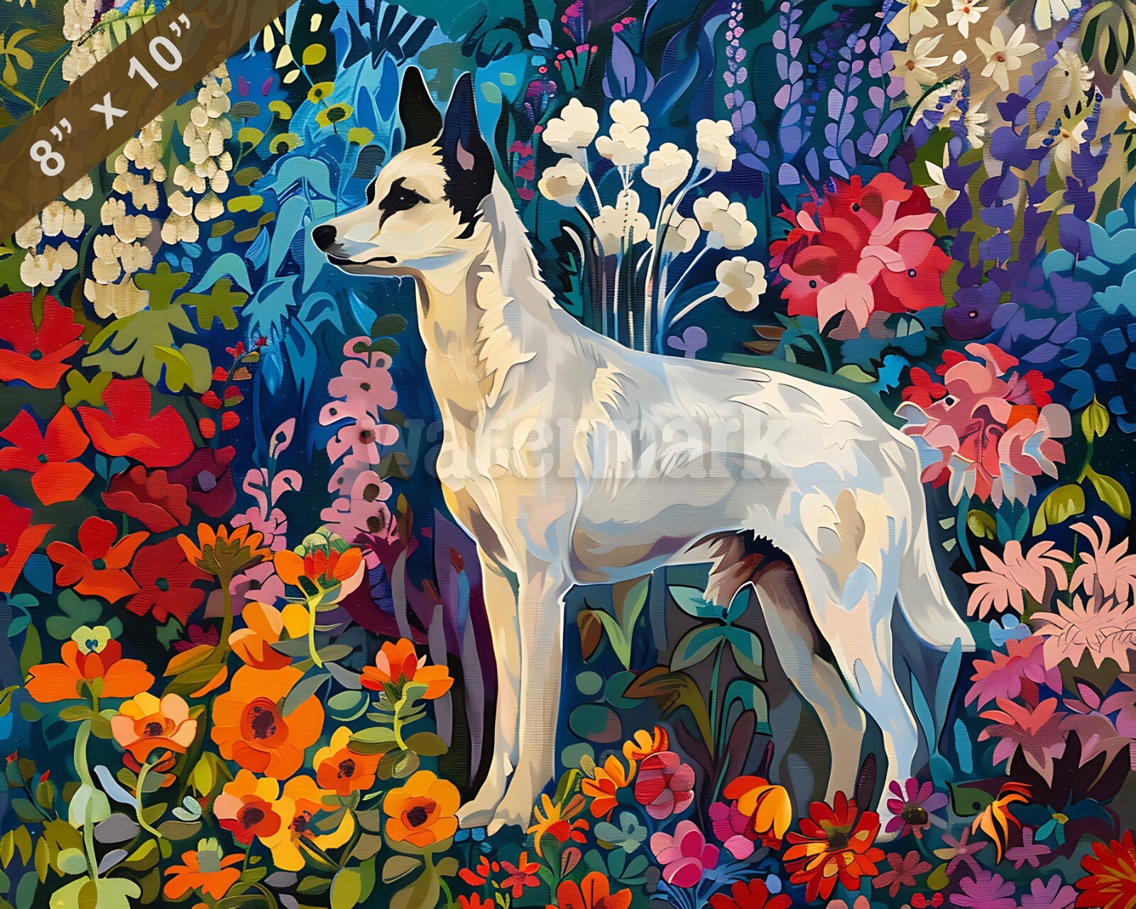 Canaan Dog painting in a vibrant garden 8x10 Print