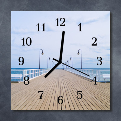 Tulup Glasuhr Wanduhr Küchenuhr Echt-Glas 30x30 cm Seebrücke mehrfarbig
