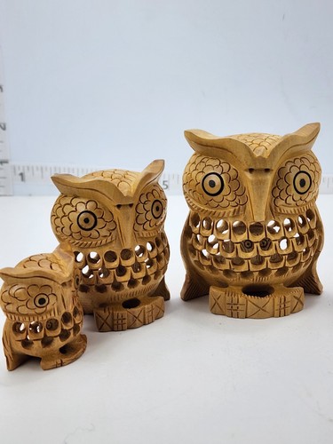 OWL figure Wood Wooden Hand carved Statue Beautiful Hand artwork SET OF 4 AND 5 - Picture 31 of 36