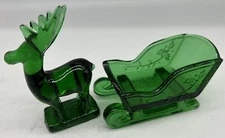 Mini Sleigh & Reindeer  - Hunter Green -  Mosser Glass, USA