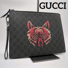 Gucci Unisex Wolf GG Supreme Clutch Bag Black Leather PVC Authentic VIN