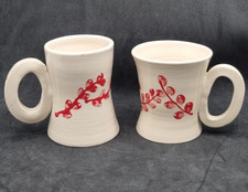 2 Studio Pottery Mugs Stoneware Red Floral Design Hand Painted Coffee Cups Rare