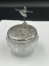 West German Cut Crystal Trinket Box with Silver Plated Wind up Ballerina Reuge
