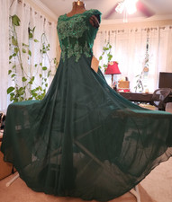 Emerald Green Formal flowy Gown with Floral Embellishments