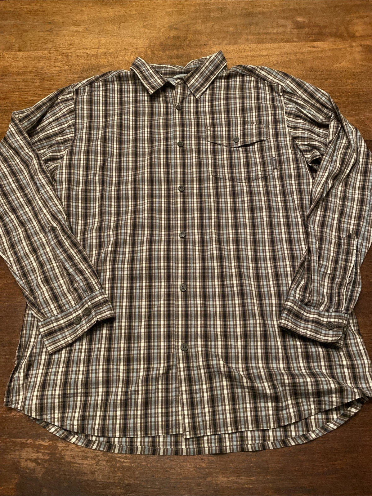 Columbia Shirt Men's XL Teal/Brown Striped Button Down Long Sleeve Omni-Wick