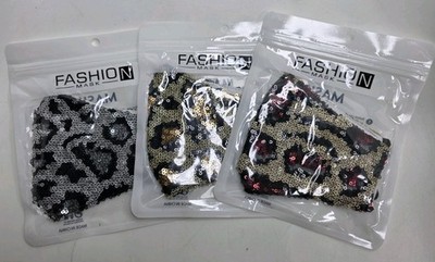Animal Print Sequin Glitter Fabric Shiny Bling Fashion Face Mask Lot Of 3 Y/R/SB