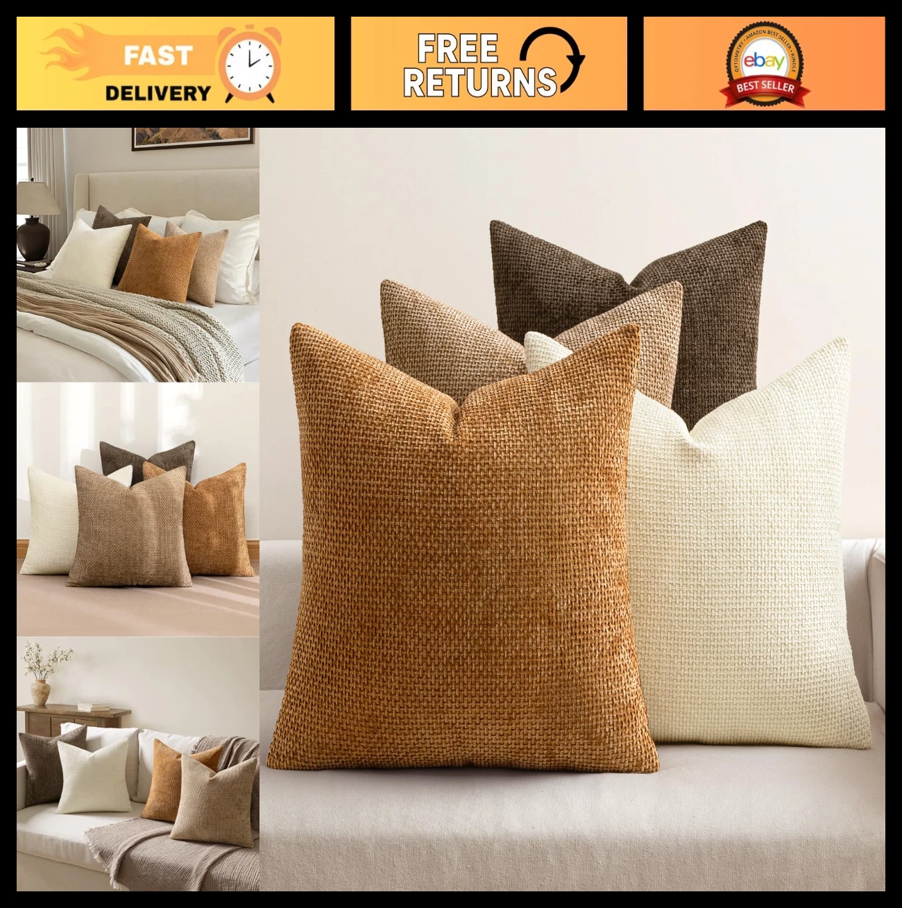 Pack of 4 Brown 20x20 Inch Chenille Throw Pillow Covers - Soft Farmhouse Decor,