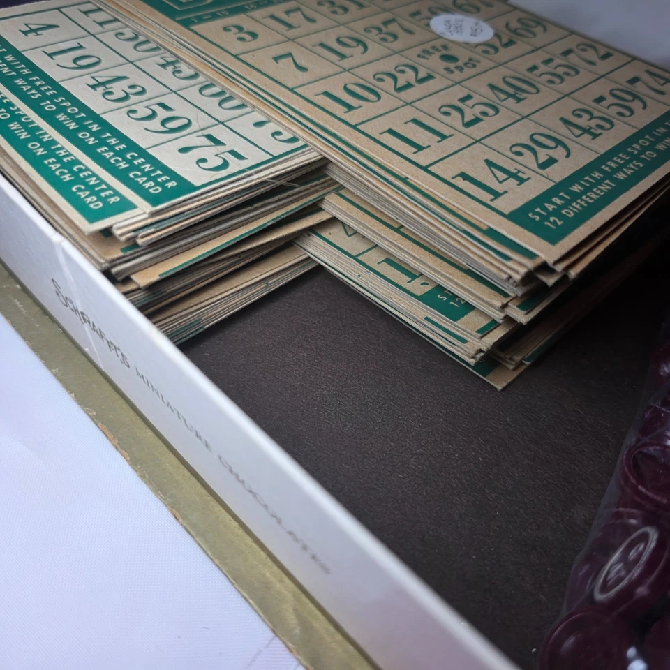 BINGO Vtg Circa 1950's Transogram Gold Medal Game Cards 91 Plastic Call Tiles - Image 2 of 4