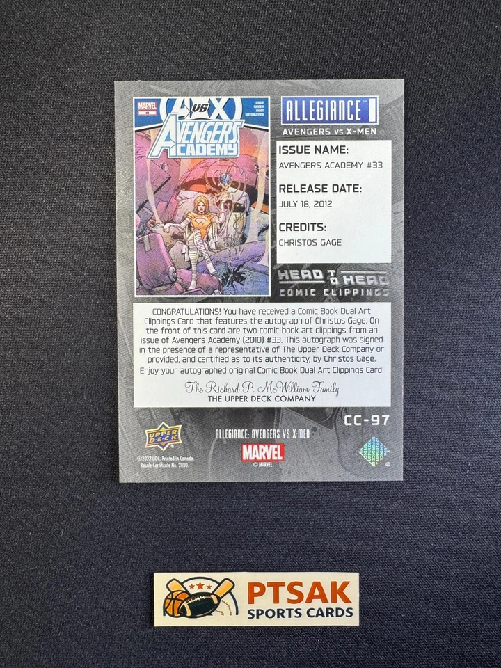 2023 Upper Deck Allegiance Avengers X-Men Comic Clippings Christos Gage Auto - Image 2 of 2