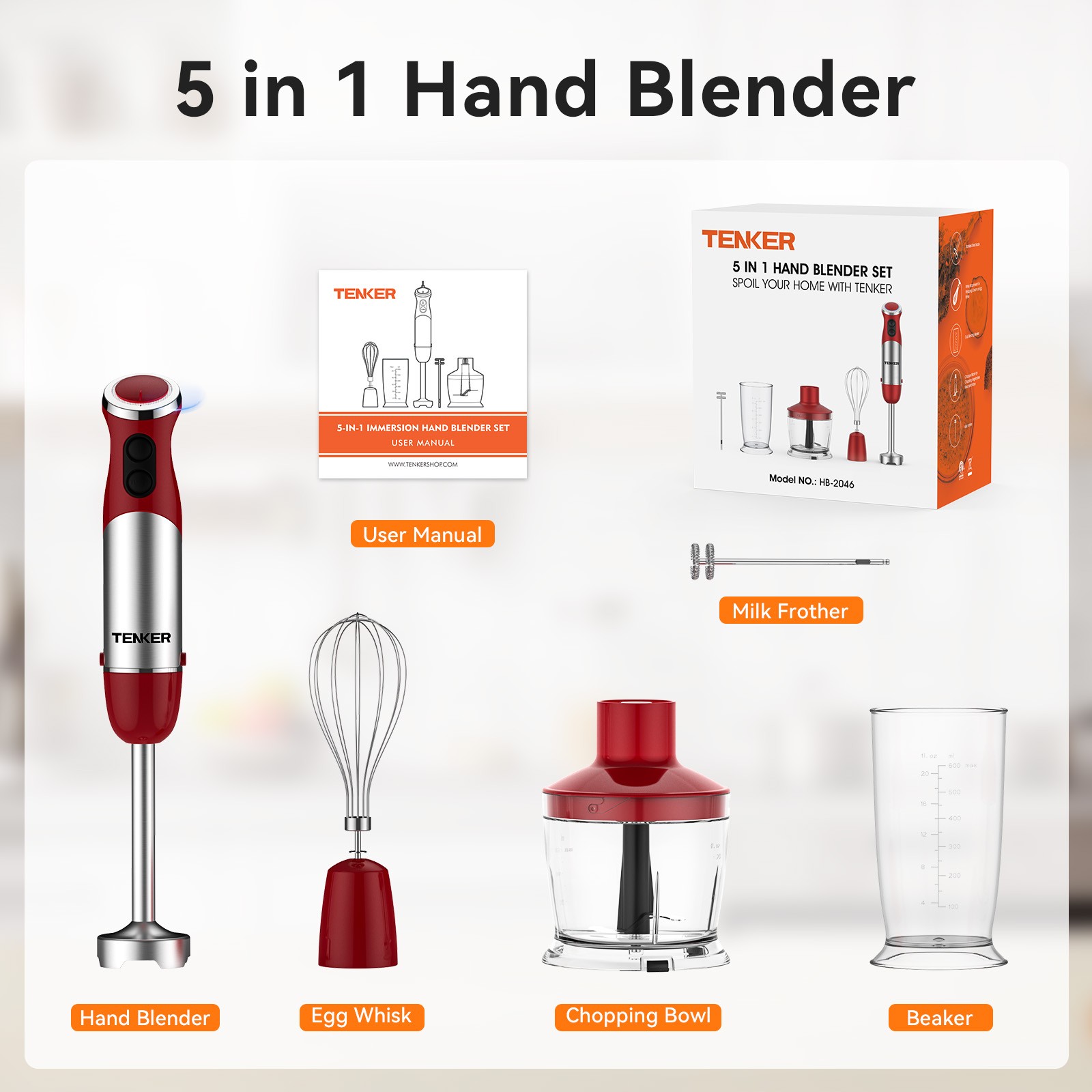 Tenker 5-in-1 Immersion Hand Blender Stainless Steel for Soups, Smoothies, Sauce