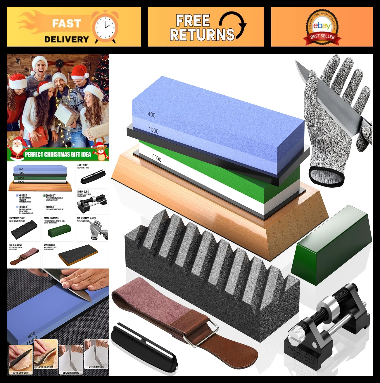 Premium 4-Sided Knife Sharpening Stone Set - Grit 400/1000 & 3000/8000, Non-Slip