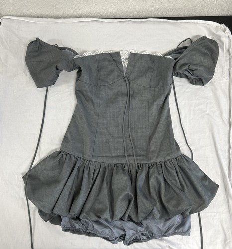 Amelie Gray Off Shoulder Puff Sleeve Mini Dress S Bubble Hem Corset Coquette NWT
