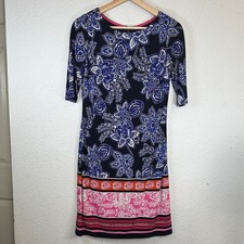 Eliza J Navy Blue Pink Shift Dress Womens 4 Knee Length Stretchy Resortwear