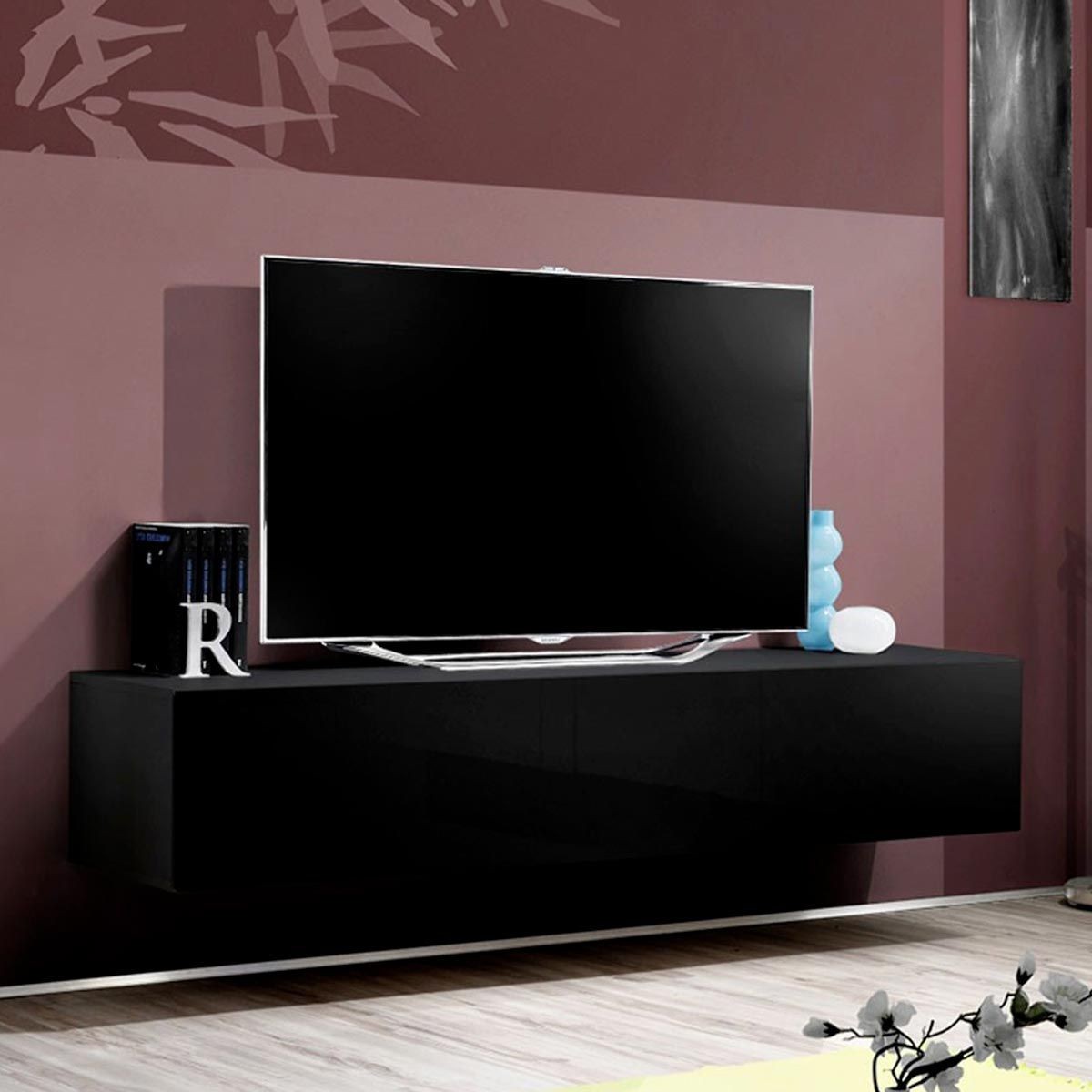 Meuble TV suspendu Fly A2 160cm avec rangement push-open noir