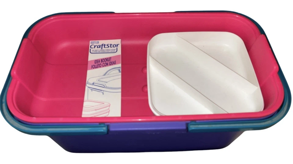 Vtg Eagle Craftstor Craft Sew Tote Organizer W/Tray Teal Pink Purple Retro USA - Image 2 of 3