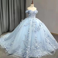Luxury Light Blue Quinceanera Dresses 3D Lace Applique Sweet 16 Party Ball Gown