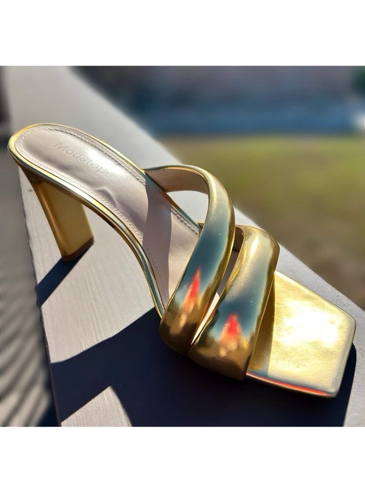 女式 8.5 码 Modatope 金色方跟骡子。  十字带金色。  连衣裙/正式 — 第 4/4 张图片