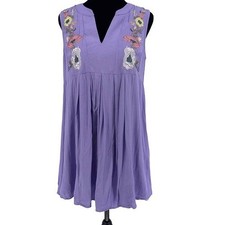 Entro Floral Embroidered Tunic Dress Women Small Purple Boho Pleated Sleeveless
