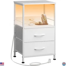 WLIVE White LED Nightstand with Charging Station, 2 Drawers, USB Ports & Outlets