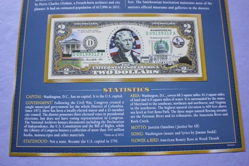 WASHINGTON,D.C. - U.S COLORIZED $2 BANK NOTE UNCIRCULATED BILL - Picture 4 of 4