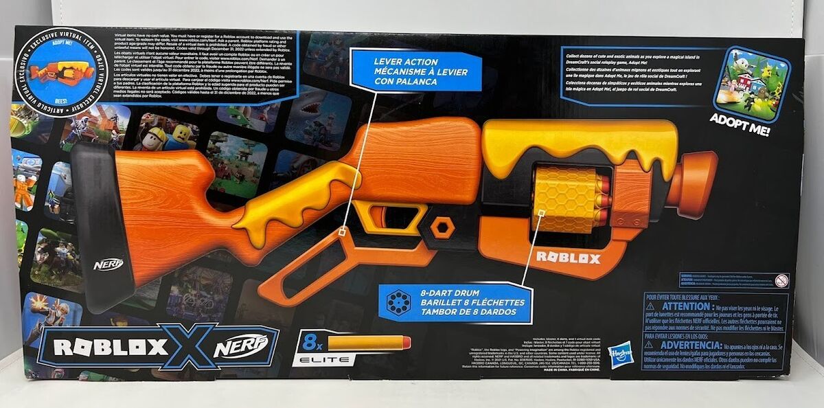 Nerf Roblox Adopt Me!: BEES! Lever Action Blaster, 8 Nerf Elite Darts, Code  To Unlock In-Game Virtual Item - Nerf