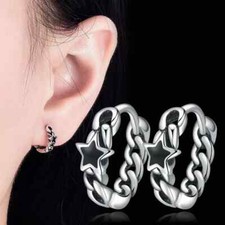 925 Sterling Silver Black Star Chain Hoop Circle Huggie Earrings Women Girl Gift