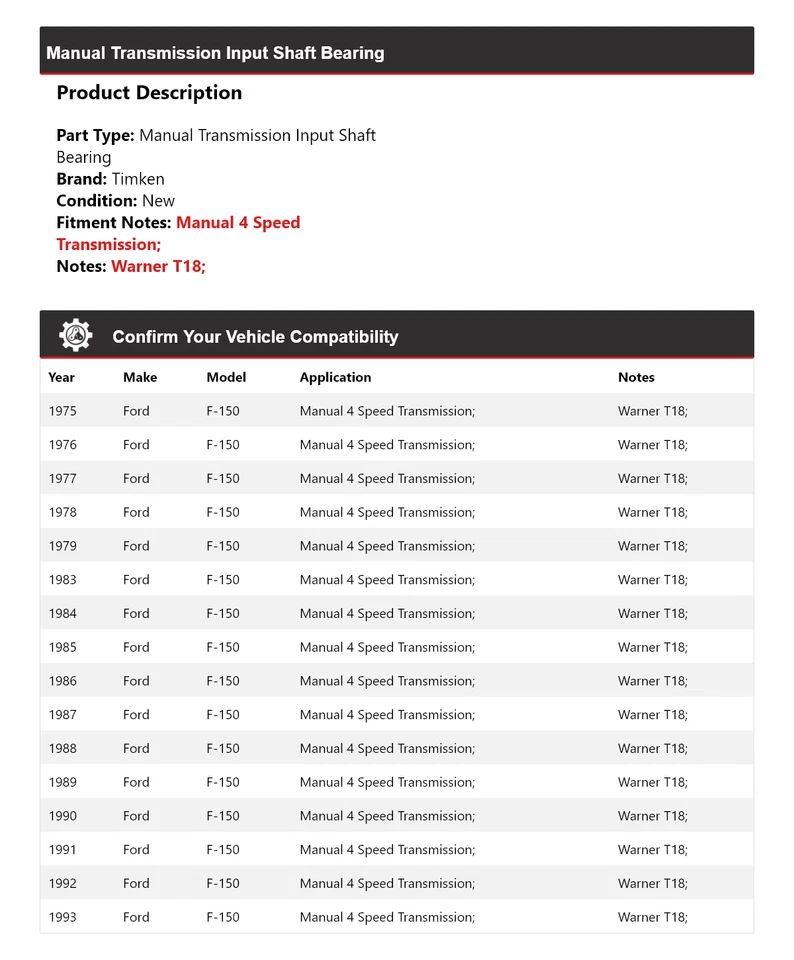Cojinete de eje de entrada de transmisión manual Timken para Ford F-150 1975-1979, 1983-1993 Foto 2 de 4