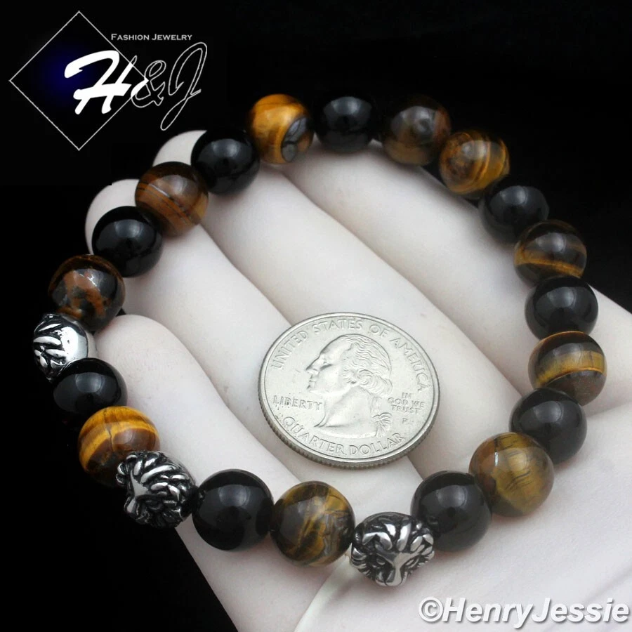 MEN Stainless Steel 10mm Black Onyx/Tiger Eye Beads 3D Lion Heads Bracelet*SB108 - Image 2 of 2