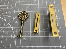 ANTIQUE CABINET/DRAWER LOCK WITH STRIKE AND FANCY ORNATE KEY MADE IN SPAIN