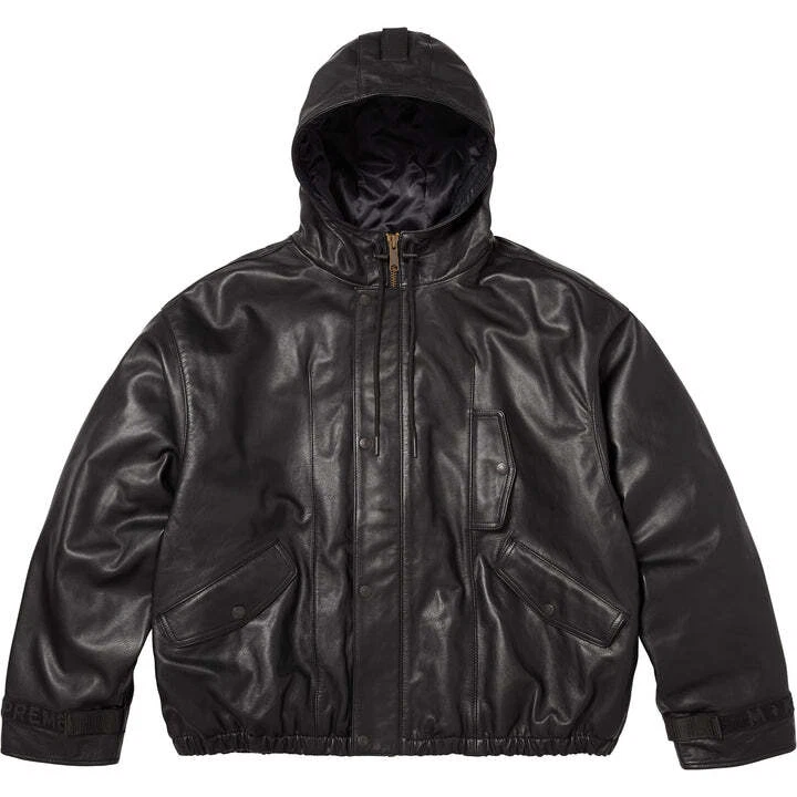 Blouson bombardier d'aviation en cuir à capuche Supreme Marithe François Girbaud noir