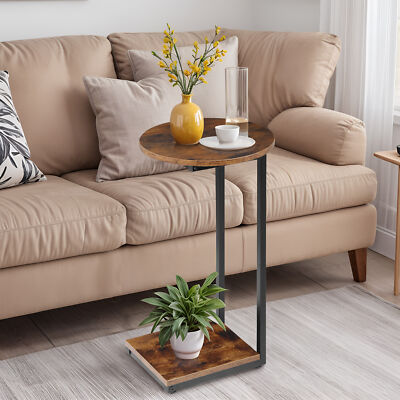 2 Tiers C-shaped End Sofa Side Table Rustic Brown For Living Room Bedroom Decor