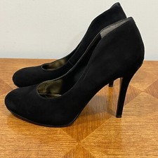 Nine West Stiletto Pump Womens 7.5 Black Leather Suede Ultra High Scalloped Heel