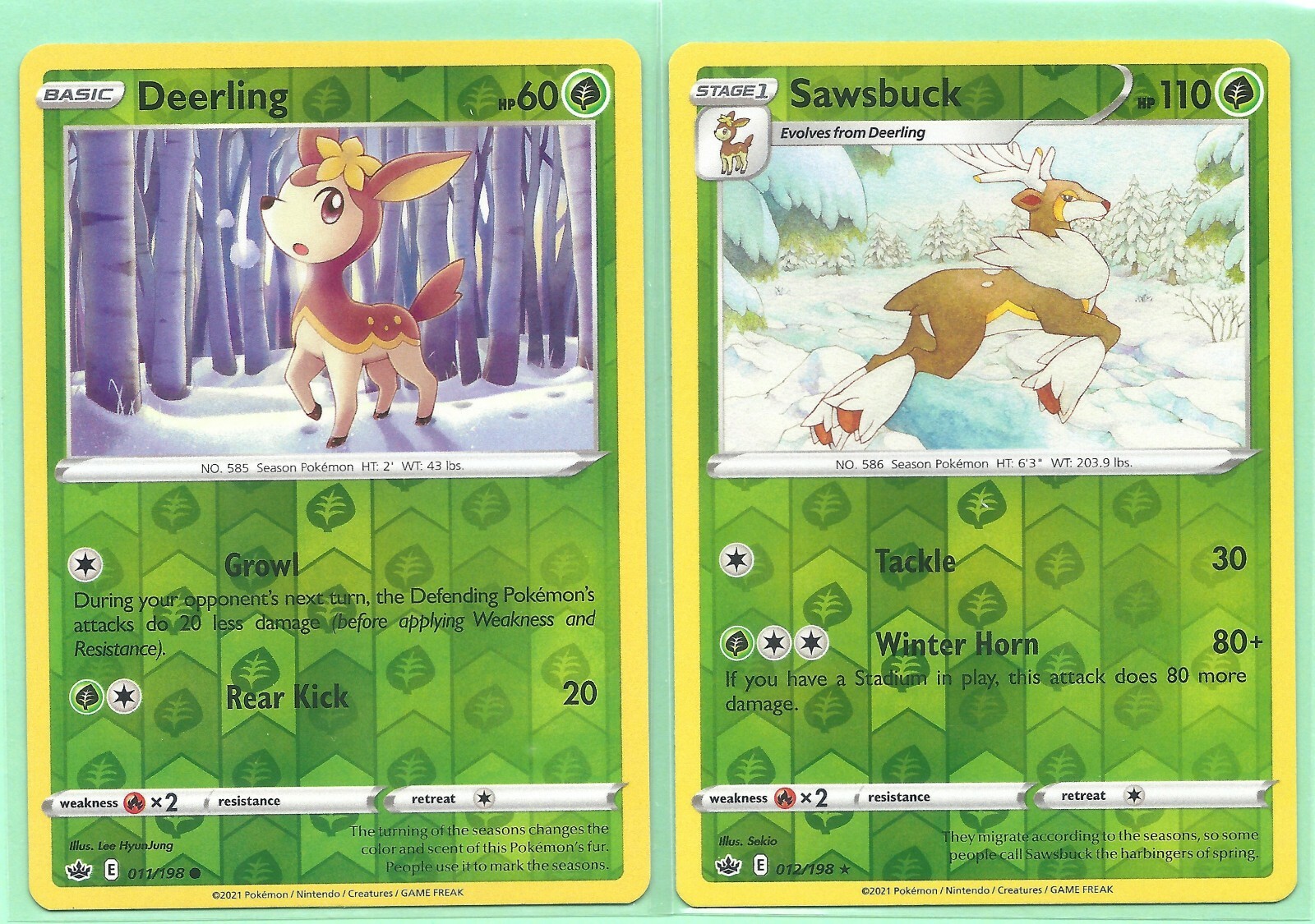 2 CHILLING REIGN POKEMON RARE SAWSBUCK 12/198 & DEERLING 11/198 -REV HOLO NM/M