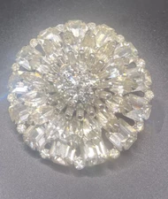 Vintage Prong Set Clear Rhinestone Large Hat Coat? Flower Button Badge ?