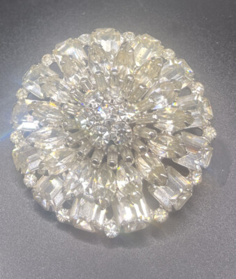 Vintage Prong Set Clear Rhinestone Large Hat Coat? Flower Button Badge ?