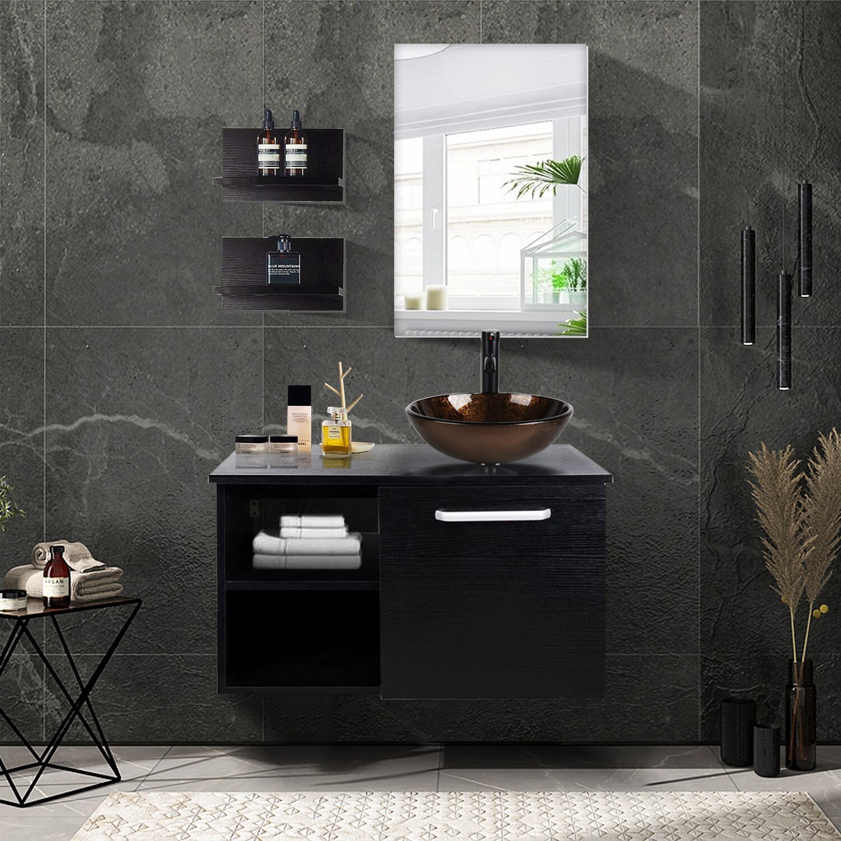 ELECWISH 28-Inch Black Modern Bathroom Vanity Set – Wall Cabinet, Vessel Sink, Mirror & Faucet
