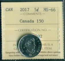 2017 Canada Five Cent Canada 150  Design, QE II, ICCS Certified MS-66   XQK 592
