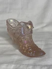 FENTON ART GLASS PINK IRIDESCENT CARNIVAL DAISY & BUTTON CAT SLIPPER SHOE