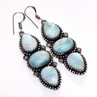 Exclusive Long Larimar 925 Silver Plated Earrings 2.7" Unique Jewelry Trendy GW