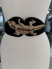 Vintage 1980s Black leather suede bold Rhinestones Crystals lizard belt
