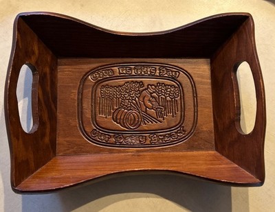Vintage Wooden Bread Tray Handles GIVE US THIS DAY OUR DAILY BREAD Carved 8 x 11