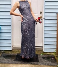Y2K Beaded silk Sequin Floral Maxi Dress Scoop Neck Open Back Lined Gray scala