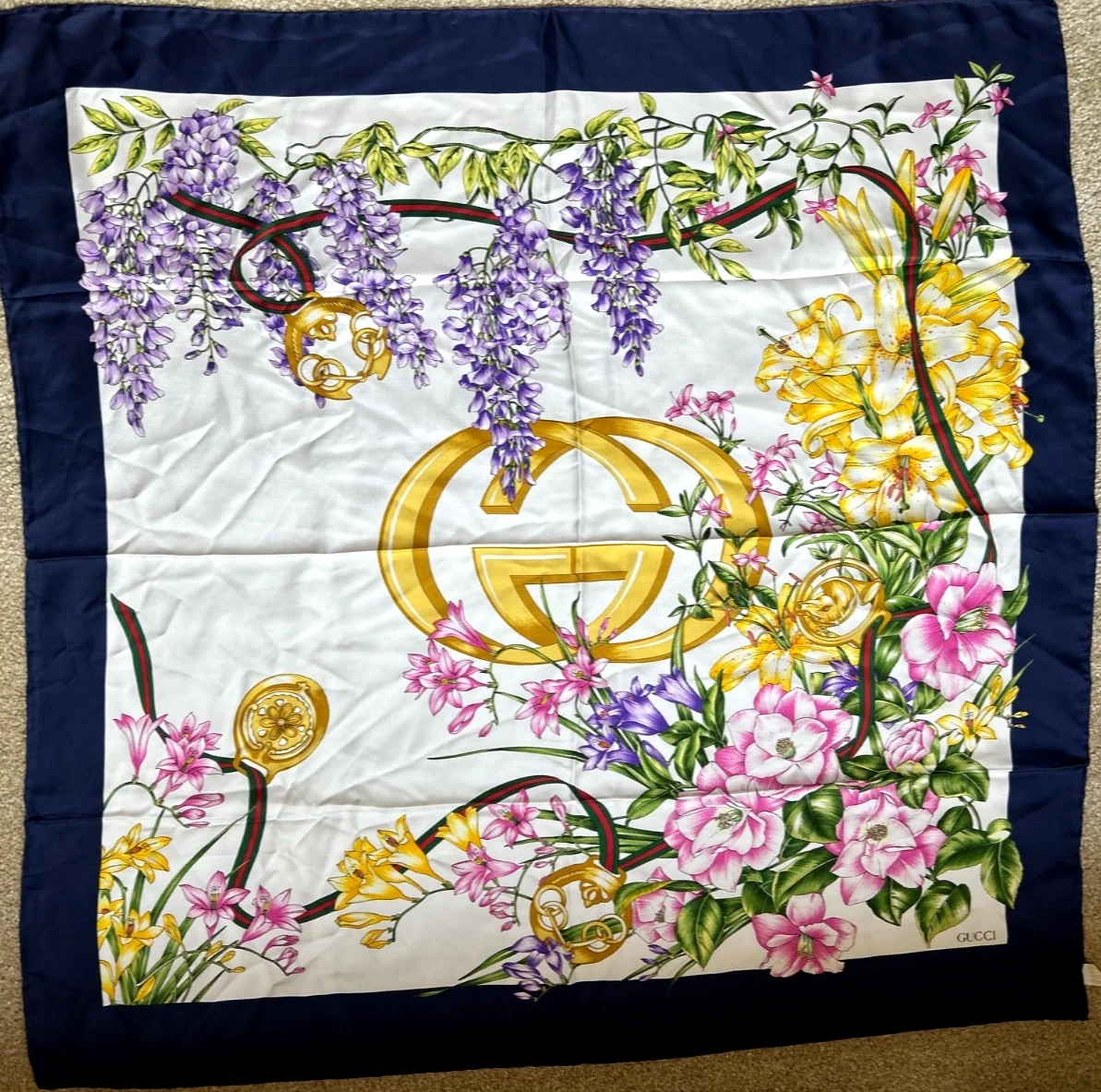 100% Silk Gucci Interlocking G logo Scarf Navy Floral Women Italy